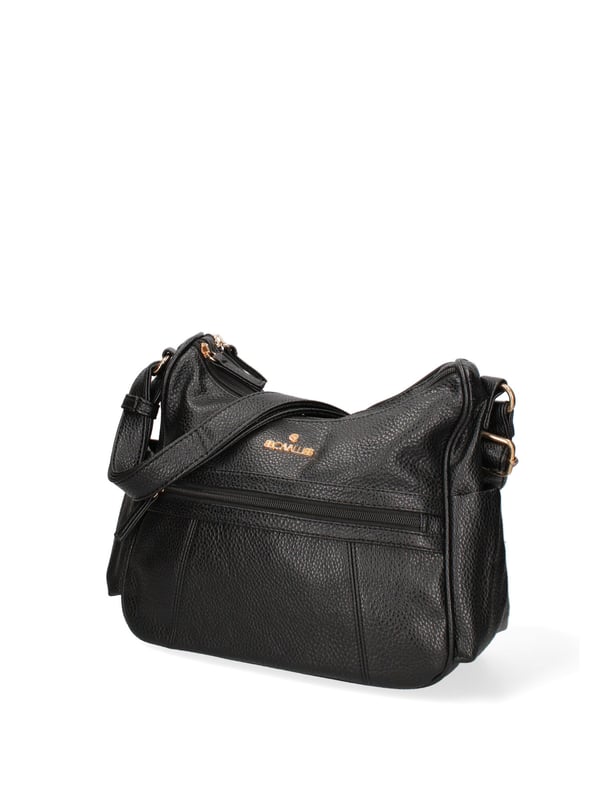 Bolso bandolera para mujer. El cierre es con cremallera. Los bolsillos internos son uno con cremallera y dos abiertos. Los bolsillos externos son uno frontal con cremallera, uno trasero con cremallera y dos laterales abiertos. La bandolera es ajustable en ecopiel. Falta el mango. Hay dos compartimentos internos. El material exterior es ecopiel. Internamente está forrado en poliéster. Medidas: 28x24x11 cm. Producto de moda