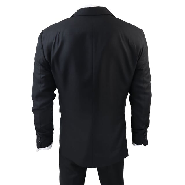 Indulge in Classic and Elegant Design with this men's 3-piece suit, featuring a timeless black color ideal for formal occasions. Product Design Bullet Points:  
Versatile Formal Attire: Suitable for weddings, business events, or special occasions, ensuring a sharp and well-dressed look.
 
Complete 3-Piece Set: Includes a jacket, vest, and trousers for a polished and coordinated outfit.
 
Premium Material: Crafted from high-quality materials for comfort and durability.
 
Tailored Fit: Offers a tailored fit that complements your body shape, enhancing your appearance and confidence.
 
Timeless Black Color: Perfect for a classic and sophisticated look, suitable for various formal settings.  Â Made from a blend of 65% Polyester and 35% Viscose for a comfortable and stylish finishSizes	Jacket & Trouser Size
36R :	36" (Chest) 30" (Waist)
38R :	38" (Chest) 32" (Waist)
40R :	40" (Chest) 34" (Waist)
42R : 	42" (Chest) 36" (Waist)
44R :	44" (Chest) 38" (Waist)
46R : 	46" (Chest) 40" (Waist)
48R :	48" (Chest) 42" (Waist)
50R :	50" (Chest) 44" (Waist)
52R :	52" (Chest) 46" (Waist)
54R :	54" (Chest) 48" (Waist)