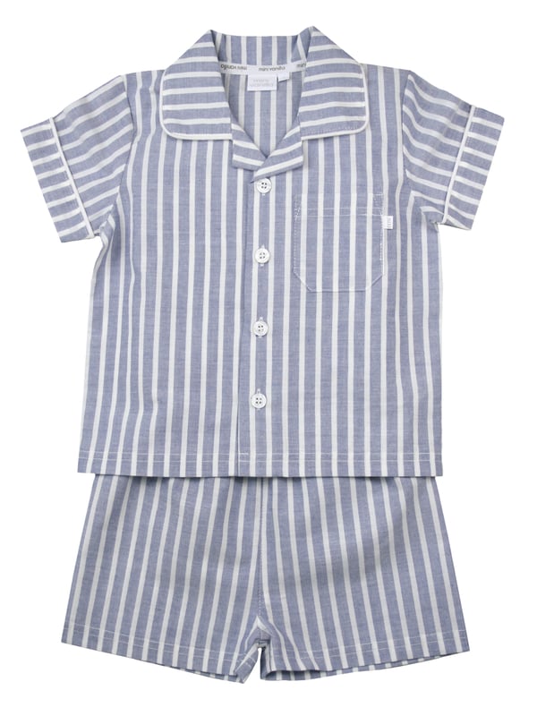 Blue and White Stripe Traditional Shortie Pyjamas.

Our classic short sleeve crisp summer cotton boys pyjamas in a blue and white stripe creates a traditional look that’s perfect for lounging or sleeping. Made from super-soft 100% crisp cotton. The set is trimmed with white cotton piping. The top has an open collar and revere, single square pocket with MV tab and fastens with Mini Vanilla Engraved buttons. The crisp cotton comfy shorts have a fully soft elasticated waist for extra comfort. 

Sold as a Pyjama set.
Fabric 100% cotton - crisp summer weight.
Fire Warning : KEEP AWAY FROM FIRE AND FLAMES.
Wash Care Instructions : Machine wash inside out, do not soak, wash dark                    colours separately, do not iron trims. Save energy and wash at 30 degrees.
Do not tumble dry