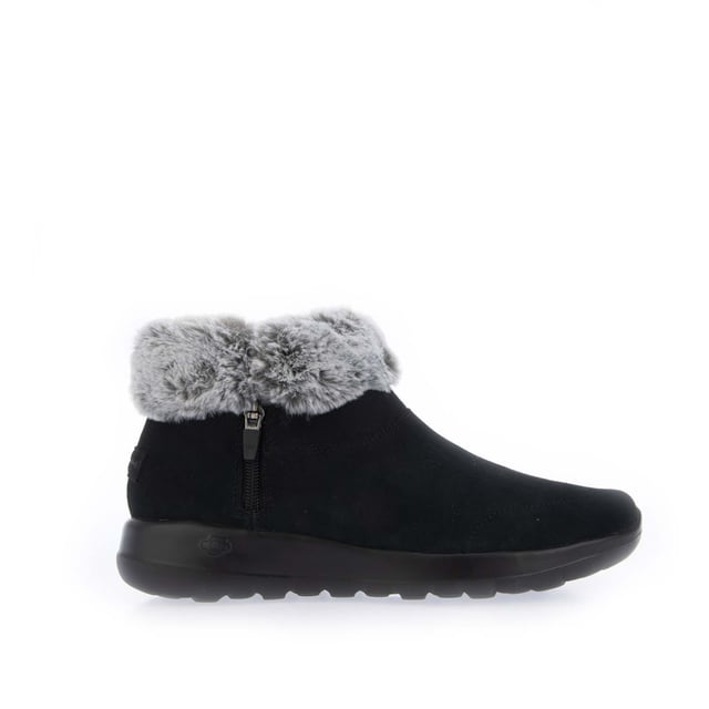 Womens Skechers On The Go Joy Boots in black.- Suede upper with faux fur trim.- Side zip closure.- Skechers® logo detail. - Lightweight 5GEN® Technology midsole cushioning.- Skechers Air-Cooled Goga Mat™ insole. - Chenille lining.- Flexible traction outsole.- Ref: 144003BKGY