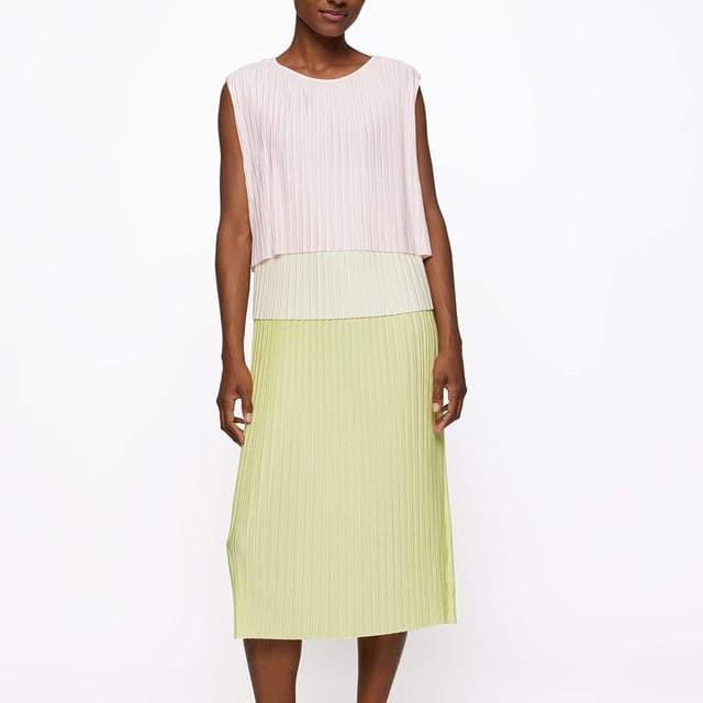 Womens BOSS Emanis Dress- 3 layer dress with colour blocking- Pleated design- Round neck- Dropped shoulder with straight fit- Sleeveless- Keyhole back with mini button. - Midi length- Main: 68% viscose  32% polyester. Lining: 100% modal. Machine wash.- Ref: 50472409-965