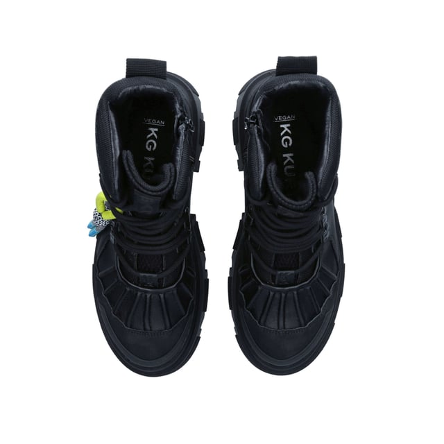 The Trekker Pumped Hiker boot features iconic branding across the upper. KG Kurt Geiger logo printed on ribbed textile with print stitch detailing can be seen at the tongue as well as a black rubber monocle on the heel.