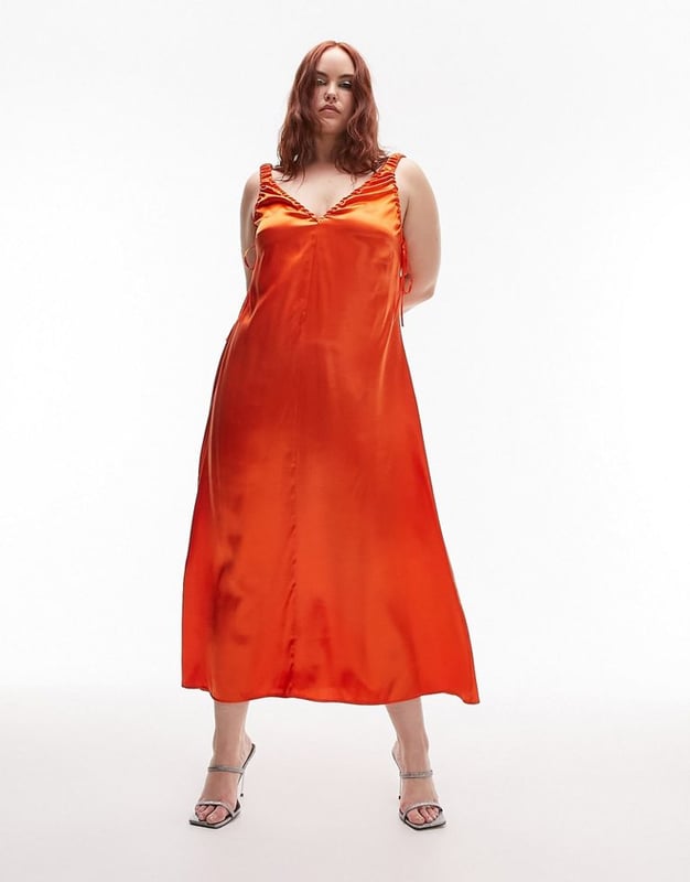 Topshop Curve ruched satin slip dress in Orange