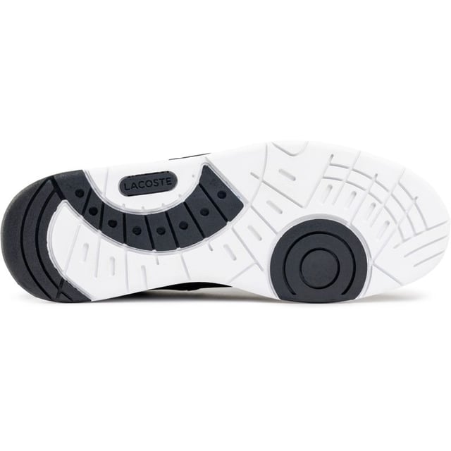 Mens black Lacoste court cage trainers, manufactured with leather and a rubber sole. Featuring: textile lining, ortholite insole, iconic croc branding and cup sole construction.