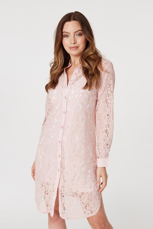 Add a twist to a traditional shirt dress with this sheer lace longline dress. Made from 100% cotton, it has a collar, V-neck, button front, long sleeves with tailored cuffs and a knee length hem. Layer over leggings and pair with your favourite heels, or leave unbuttoned for a chic warm weather alternative to a coat or cardigan.