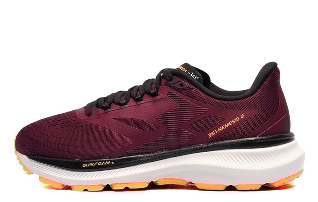 This top-tier running shoe, the 361 Nemesis, offers exceptional value for those seeking a high-end option without breaking the bank. Designed for durability and comfort, it provides optimal support and superior cushioning, making it perfect for all types of runners who need extra stability underfoot. True to its name, the 361 Nemesis excels in endurance and performance whether youre hitting the road or the gym. It features a unique double-layer textile and mesh upper that ensures full toe-to-heel ventilation for breathability during your runs. The secure lacing system has been thoughtfully adapted to provide both medial and lateral support, accommodating different foot shapes while maintaining essential stability in motion.
 Additionally, the Nemesis boasts a new double-layer cushioned platform, with a top layer of full-length QU!KFOAM and a bottom layer of EVA. This combination enhances stability and provides a solid base for high-performance activities. The extended medial post helps slow the rate of roll upon ground contact, resulting in a smoother transition and improved running efficiency.
 - Textile / Double-layer mesh mix upper enhances breathability
 - Anatomical pressure free tongue design
 - Soft textile lining for comfortable fit and feel
 - Contoured heel design
 - Easy on/off wear
 - Perfect fit lace up closure
 - OrthoLite comfort cushioned insole
 - QU!KFOAM and EVA rubber blend midsole
 - Durable outsole
 - 361 branding