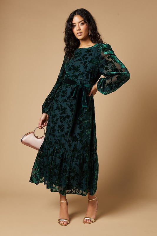 green emerald velvet dress Hada Dark Green Satin Devore Square-Neck Maxi Dress With Removable T – Club  L London