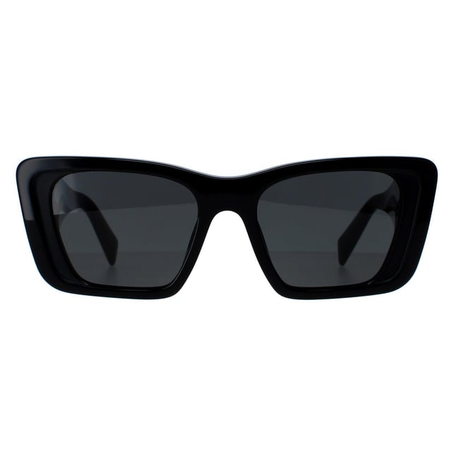 Prada Rectangle Womens Black Dark Grey PR08YS  Sunglasses are a sharp design made of high-quality acetate material that ensures durability and comfort. The temples are adorned with the iconic Prada logo, adding a touch of sophistication. These sunglasses are perfect for any occasion, whether it's a day out in the sun or a night out on the town.