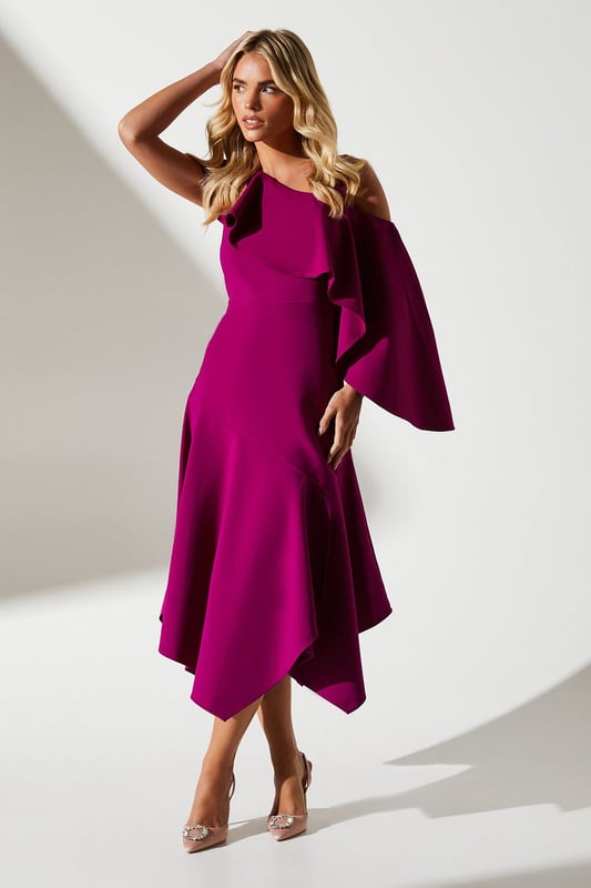 Petite One Shoulder Ruffle Crepe Midi Dress