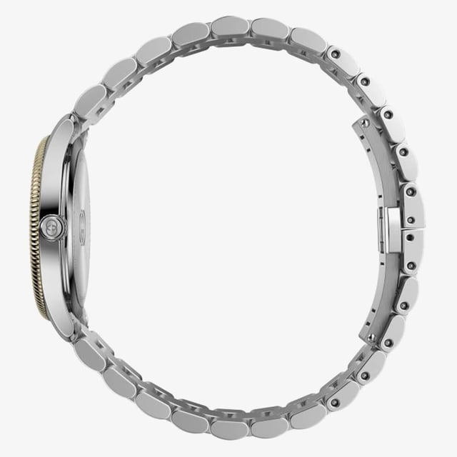 Marke GUCCIUhrenmarkierungenStäbeWasserdicht 50 MeterGeschlecht FrauenUhrwerk QuarzGehäusematerial EdelstahlZifferblattfarbe SilberArmbandmaterial EdelstahlDurchmesser 29mmMarkenkollektionen G-Timeless