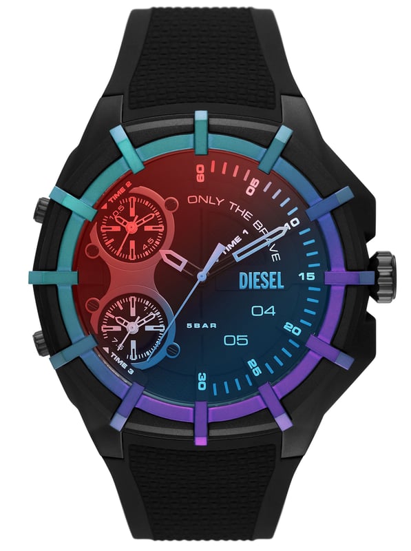 This Diesel Framed Multi Dial Watch for Men is the perfect timepiece to wear or to gift. It's Black 55 mm Round case combined with the comfortable Black Silicone watch band will ensure you enjoy this stunning timepiece without any compromise. Operated by a high quality Quartz movement and water resistant to 5 bars, your watch will keep ticking. This Elegant and practical watch is perfect for all occasions. It’s a great gift for your relatives and friends -The watch has a function:  Dual Time High quality 21 cm length and 28 mm width Black Silicone strap with a Buckle Case diameter: 55 mm,case thickness: 11 mm, case colour: Black and dial colour: Black