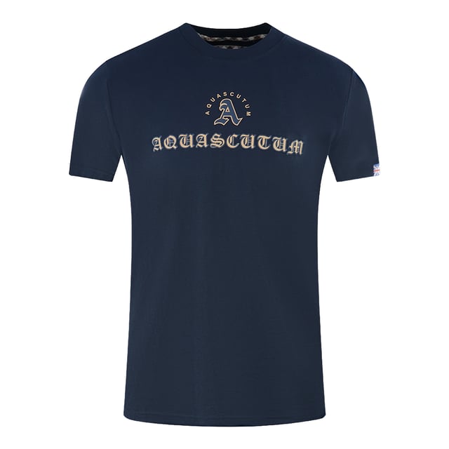 Aquascutum Script Logo Navy Blue T-Shirt. Stay stylish in the Aquascutum Logo Blue T-Shirt. This classic white tee is made with quality materials to keep you looking sharp for years to come. An invaluable addition to your wardrobe, discover the luxury of this timeless brand.. Aquascutum Script Branding Across The Chest, Short Sleeve, Crewneck. 100% Cotton, Regular Fit, Fits True To Size. Union Jack Logo On Back Neck, British Flag Badge On Left Sleeve. Style Code: T00923 85