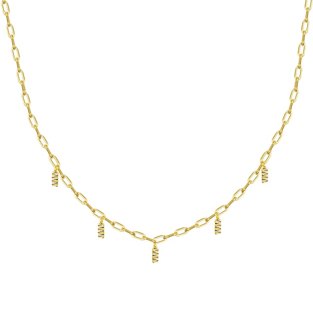 "Be edgy" is the jewelry motto of the season, with clear geometric shapes that underline your personality without glitter and glamor. This chain of the label Glimmot Munich interprets the trend with filigree mini bars that adorn your cleavage on a delicate anchor chain - made from high quality 925 sterling silver and with classic yellow gold. Thanks to an extension piece with a spring ring closure, you can quickly and easily adjust the chain in length. An accessory that fits every outfit and which will quickly become your new every-day piece!