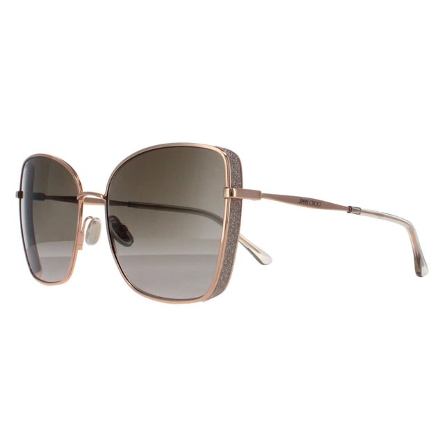 Jimmy Choo Square Womens Copper Gold Grey Gradient ALEXIS/S  Sunglasses are a square style with a metal frame front and slim temples engraved with the Jimmy Choo logo.