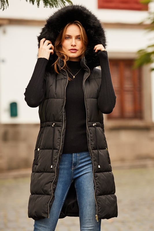 Black Faux Fur Trim Longline Tie Waist Padded Gilet
