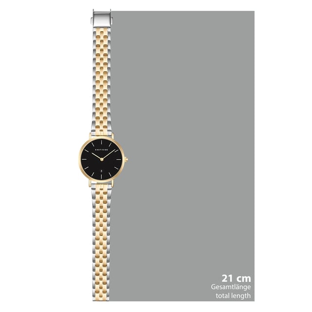 Classic elegance and modern lifestyle combine in the design concept of this women's watch in the Eastside label. Inspired by stylish watch classics and at the same time the pulsating charm of New York, an exceptional timepiece is created. The minimalist dial with delicate line indices, simple stickers and a date display convinces all watch lovers. The yellow-gold metal housing and the partially IP-coated bicolor-steel bracelet in the timeless limb strap look harmonize in sound. A high-quality safety folding and a quartz clock ensure maximum comfort and durable precision.