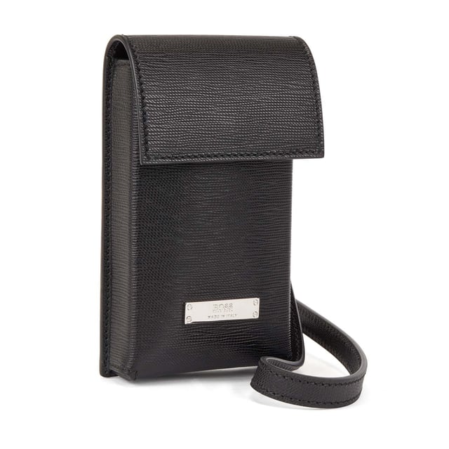 Mens BOSS GalleryA Neck Pouch in black.- Precious Italian leather with semi shiny look  firm hand feel and precious embossing.- Main compartment with flap.- Three open pockets on back.- Detachable  adjustable leather neck strap.- BOSS Made in Italy logo on elegant metal plate.- Approx. dimensions: 10 x 17.5 x 2.5cm- Ref: 50451576-001