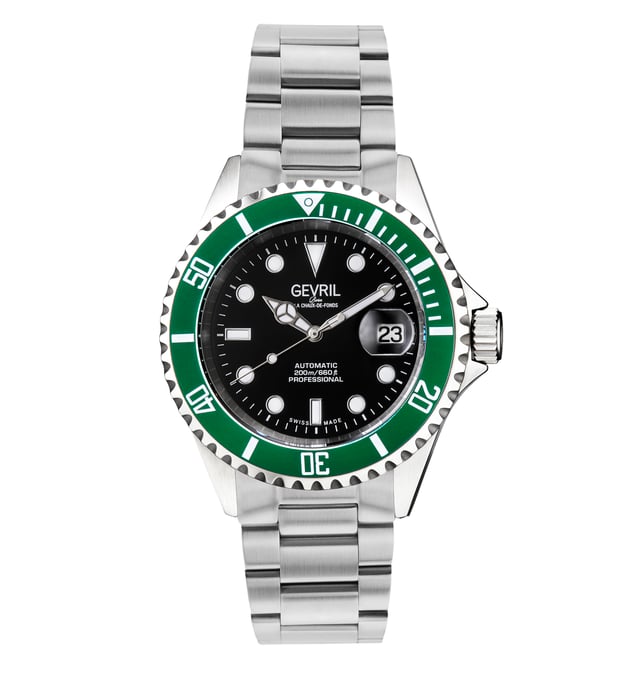 An accessory to success. A distinctive, Swiss-made timepiece is always a sound investment. Artfully reminiscent of the famed New York City skyline, each watch in the Gevril Wall Street Collection commands attention with a stainless steel, architectural design. The unidirectional rotating bezel frames sapphire-doomed, anti-glare crystal. Detailed to perfection, a magnified lens showcases luminous indices and hands on a contrasting dial. Form never suffers to function: each watch is water resistant for up to 200 meters and features a stainless steel bracelet with folding deployment closure. Available in a series of sleek dial colorways, the Wall Street Collection makes a strong statement.

Gevril 4852A Men's Wall Street Stainless Steel Bracelet Watch

Gevril Men's Wall Street Stainless Steel Bracelet Watch
43mm 316L Stainless Steel Satin finish case, Unidirectional rotating bezel
Screw down Crown with Gevril Logo
Luminous indices on dial, Luminous hands, Black Dial, Green Bezel
Date at 3 o'clock Magnified Lens
316L Stainless Steel Oyster Bracelet with folding Deployment Buckle
Anti-reflective Sapphire Crystal
Water Resistant to 200 Meters/20 ATM
Swiss Automatic 3 Hands, SW200 Movement