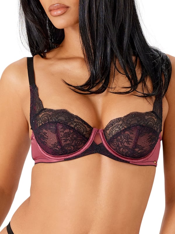 Gossard VIP Confession Balcony Bra. Underwired balcony bra with non padded cups, lace and embroidery details and two tone satin materials. Matching briefs are available. Product is hand wash only.