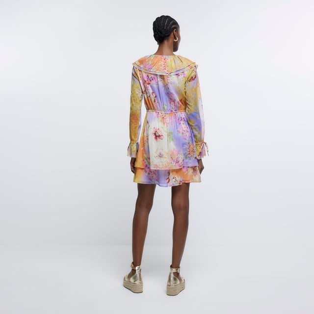 Gabrielle | Purple Lily Print Boat-Neck Skater Mini Dress