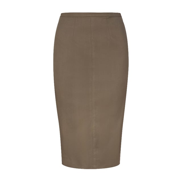 Esta falda midi entallada color verde oliva está confeccionada en tejido de gabardina elástico. Se cierra en la espalda con cremallera oculta tono sobre tono. Hay una costura vertical en la parte delantera con pinzas debajo de la cintura delante y detrás. Tiene una abertura en la espalda. La prenda está totalmente forrada.