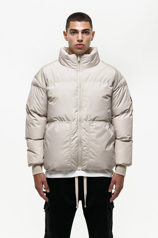 Cream zip pocket store puffer coat