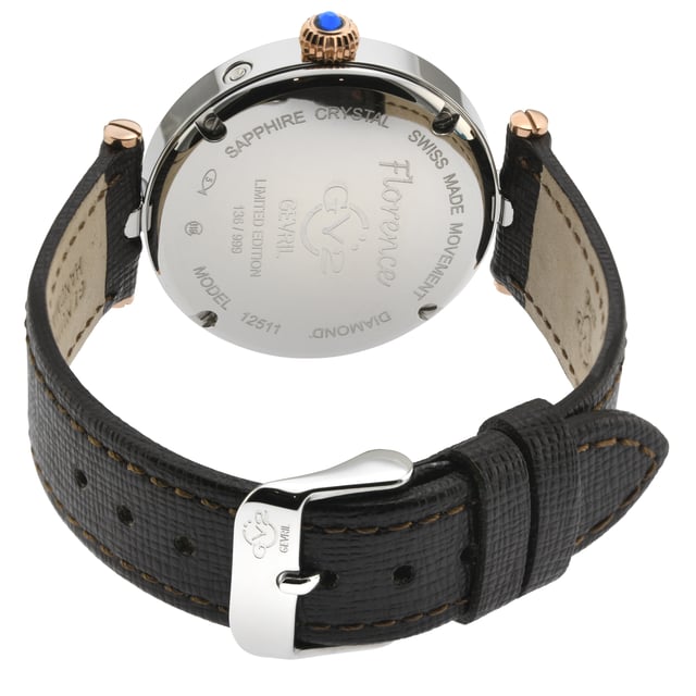 GV2 12511.L Women's Florence Diamond Swiss Quartz Watch

GV2 Women's Swiss Quartz Watch from the Florence Collection
36mm Round IPRG Case with Roman Numerals, Diamond at Twelve O'clock
Burgundy MOP Dial, Day and Date Sub Dials
Push Pull Fluted crown with Blue cabochon Stone
Genuine Italian Brown Leather Strap with Tang Buckle 

Anti-reflective Sapphire Crystal
Water Resistant to 50 Meters/5ATM
Moon Phase Swiss Quartz Movement Ronda 706.1