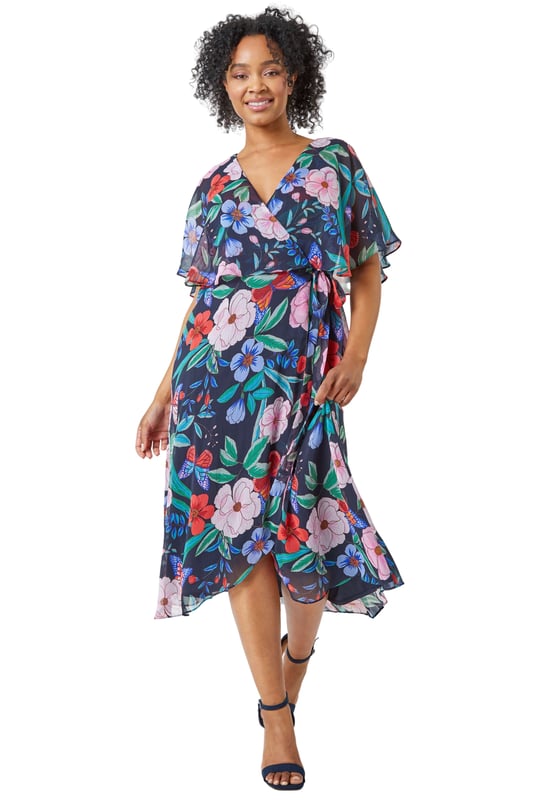 Petite Floral Chiffon Cape Dress