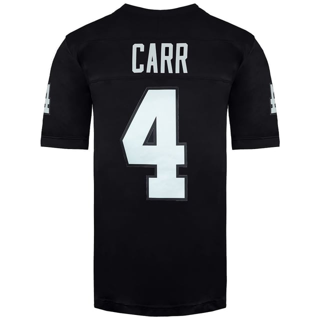 The Nike NFL Las Vegas Raiders #4 Derek Carr Home Limited Player Jersey is an officially licensed NFL jersey that allows you to proudly represent your favorite player and team. Whether you're cheering for the Raiders at Allegiant Stadium, watching the game from home, or displaying it as part of your sports memorabilia collection, this limited jersey is the ultimate way to showcase your support for Derek Carr and the Las Vegas Raiders.

Key Features:

 Officially Licensed:  This jersey is officially licensed by the NFL, ensuring its authenticity and adherence to league standards.

 Player-Specific Design:  The jersey is designed to replicate the style and fit of the jerseys worn by Derek Carr on the field, providing an authentic player experience.

 High-Quality Materials:  Crafted from high-quality, durable materials that are designed to withstand the demands of the game.

 Stitched Numbers and Letters:  The jersey features stitched player number and name on the back, enhancing durability and creating a premium appearance.

 Team Logo and Colors:  The Las Vegas Raiders' team logo and colors are prominently displayed on the jersey, representing your team pride.

 Limited Edition:  Limited edition jerseys often have additional design details, making them unique collector's items.

 Comfortable Fit:  This jersey offers a comfortable fit, allowing for ease of movement and making it suitable for both game days and casual wear.

 Versatile Style:  Whether you're at Allegiant Stadium, watching with friends, or wearing it in your daily activities, this limited jersey complements various outfits and is a versatile choice for any occasion.

The Nike NFL Las Vegas Raiders #4 Derek Carr Home Limited Player Jersey is a premium fan apparel item that allows you to proudly display your love for Derek Carr and the Las Vegas Raiders. Whether you wear it to support the team on game days or showcase it as part of your sports memorabilia collection, this limited jersey is a special way to express your passion for football and your favorite player and team.