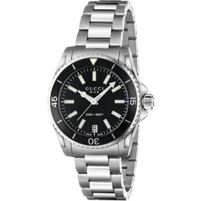 Manufacturer part number: YA136403Brand: GucciSeries: DiveGender: Women'sEAN: 731903358447Movement: QuartzBracelet color: Silver-toneWaterproofing: 200M (20ATM)Dial color: BlackBracelet material: Stainless steelDial diameter: 32mmDial thickness: 11mmCase back: SolidBezel: Uni-directional rotatingCrystal: Scratch-resistant sapphireCrown: Screw downBracelet description: Stainless steel braceletClasp type: Deployment with double push buttonCase color: Silver-tone
