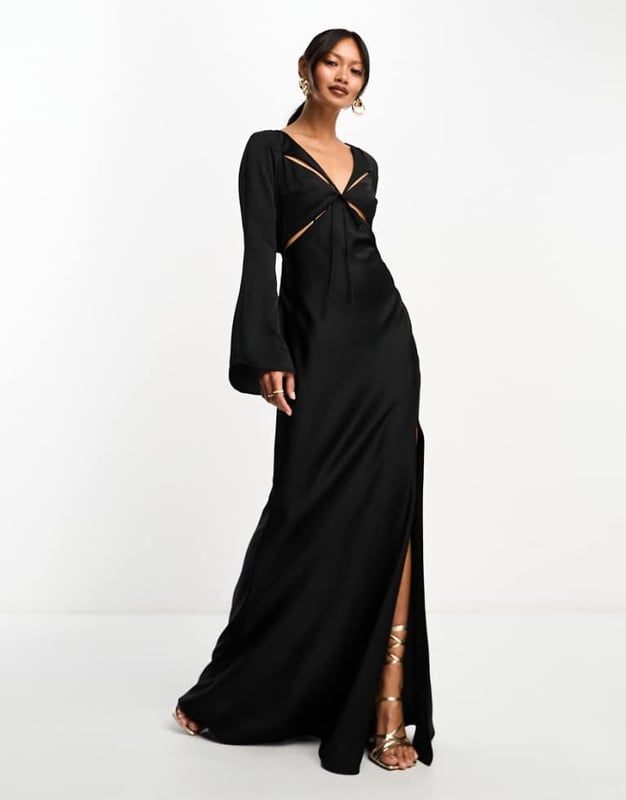 slim fit dress slacks Mac Duggal Women's Embellished Long Flare Sleeve Mesh A-Line Dress - Blue - Size 8