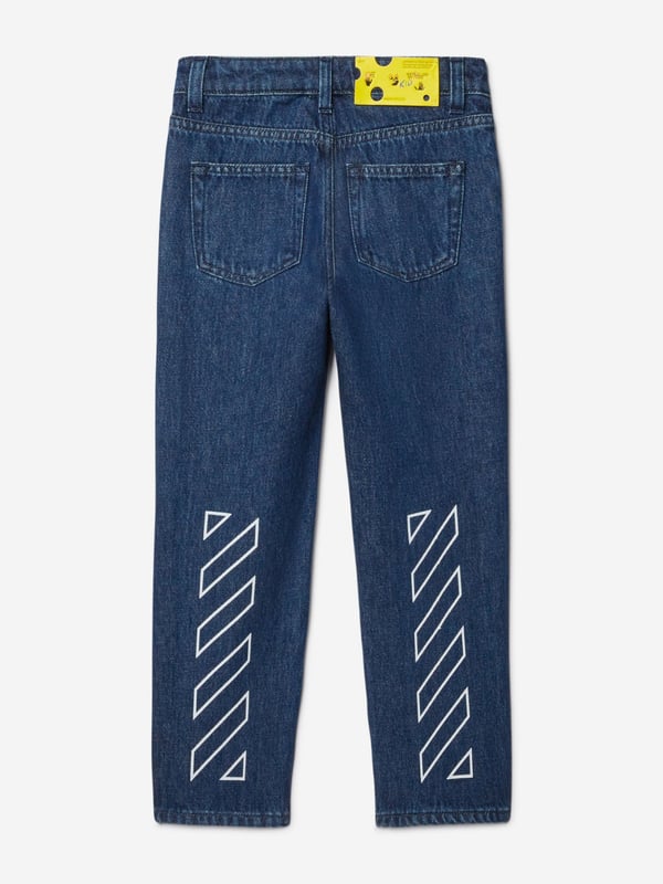 Introducing the Boys Bookish Patch Regular Jeans in Blue by Off White, a stellar addition for the discerning young fashion enthusiast's AW2024 wardrobe. Impeccably crafted, these jeans blend classic charm with contemporary flair. Key features include: Distinctive Bookish Patch: A unique, intellectual-themed patch adds an element of whimsy and sophistication. Premium Denim Fabric: Constructed from high-quality denim ensuring durability comfort. Versatile Blue Hue: Ideal for coordinating with a variety of tops and shoes.Elevate your boy's style with these must-have designer jeans. Perfect for school events or weekend outings!