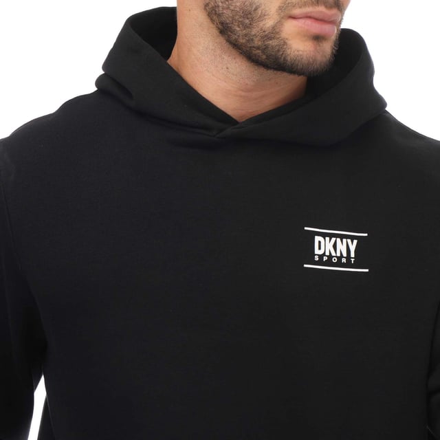 Mens DKNY Printed Logo Blackwater Hoodie in black.- Adjustable drawstring hood.- Kangaroo pocket.- Ribbed cuffs and hem.- Loose fit.- 72% Cotton  28% Polyester.- Ref: DKS0122BLK