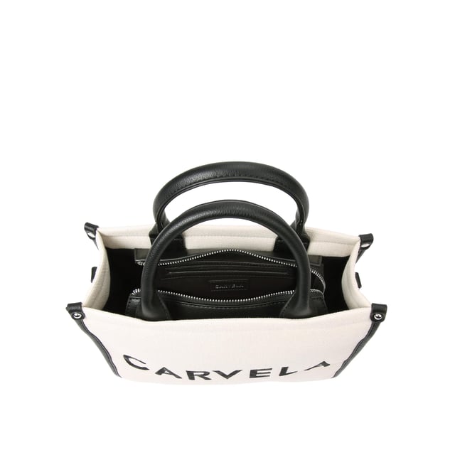 The Carvela Sorrento Tote bag features a beige fabric exterior with structure. There are black trims and branding on the front. 23cm (H), 30cm (L), 10cm (D). Strap length: 122cm.