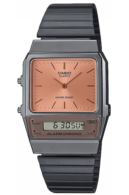 This Casio Casio Collection Vintage Analogue-Digital Watch for Unisex is the perfect timepiece to wear or to gift. It's Grey  Rectangular case combined with the comfortable Grey Stainless steel watch band will ensure you enjoy this stunning timepiece without any compromise. Operated by a high quality Quartz movement and water resistant to 3 bars, your watch will keep ticking. This is a perfect elegant and casual watch for you, it's a great gift for family or friends -The watch has a calendar function: Day-Date, Stop Watch and Alarm  This Analogue-Digital watch has a calendar function: Day-Date , Stop Watch, Alarm and Dual Time High quality 20 cm length and 20 mm width Grey Stainless steel strap with a Folding Clasp Case measurements: 30 X 40 mm, case thickness: 8 mm, case colour: Grey and dial colour: Brown