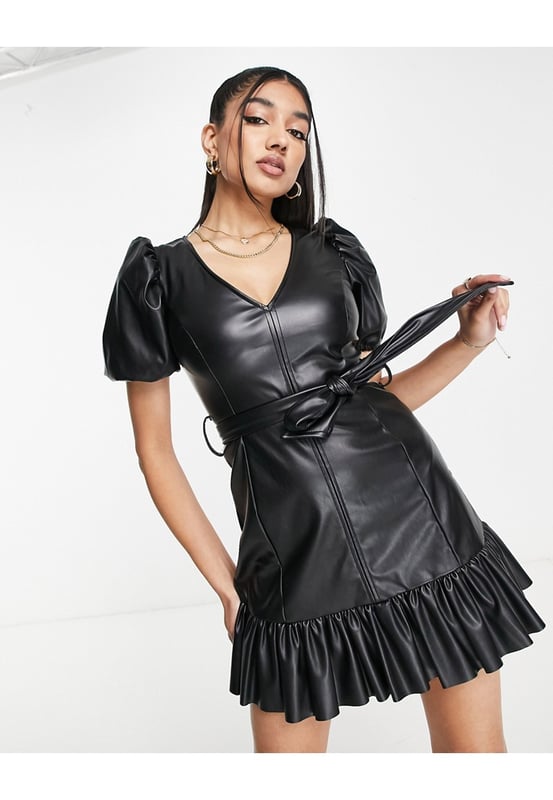 Miss Selfridge faux leather frill hem belted dress in black