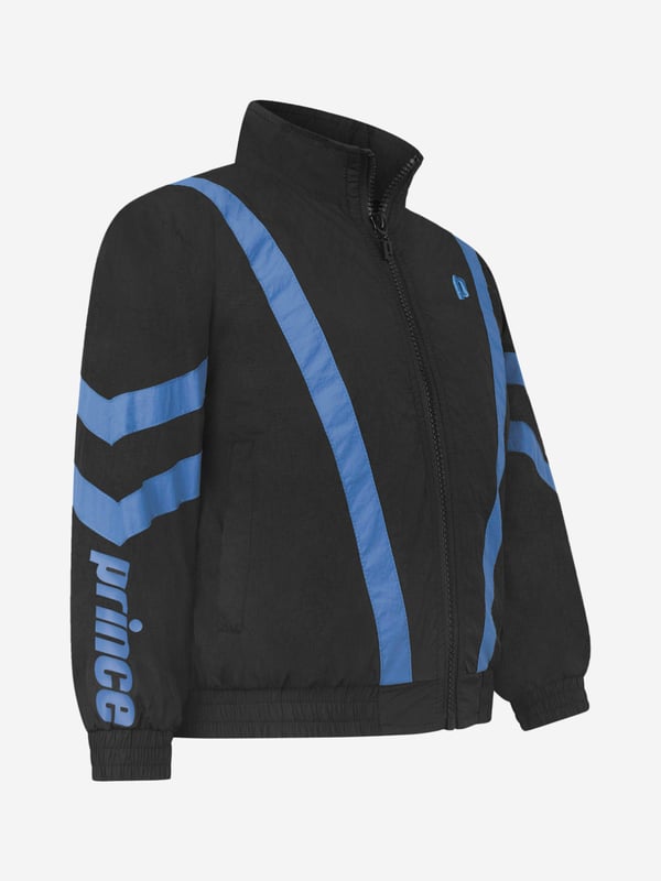 A casual but sporty baseline track jacket by Prince Off Court. This jacket features gel print Prince on the sleeves with contrast blue stripes on the front body of the jacket and on the sleeves. Made with 100% nylon with a gel print. Wash on a delicate cycle. Be sure to turn it inside out to protect the gel print letters.