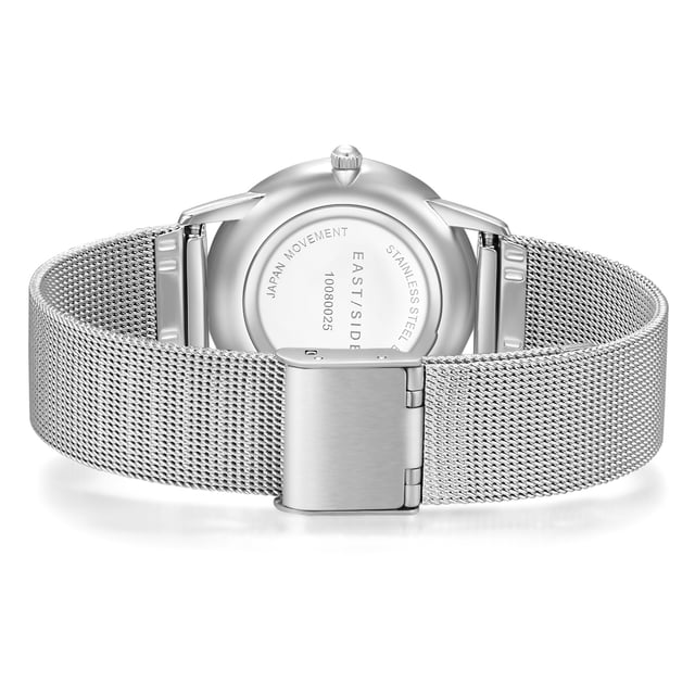 Subtle refraction is the trademark of the New York district of Eastside - as well as the Eastside watch label of the same name. This enchanting women's model reflects on traditional watch design away from opulence and glamor. Understatement is the order of the day! Tone kept in sound, combine the housing with high-quality screwed stainless steel floor and the elaborately worked stainless steel-milanaise bracelet cool elegance and hard-wearing materials. The dial is discreetly in the background and is reduced to the traditional function of a timepiece, with filigree barnacles and delicate swords.