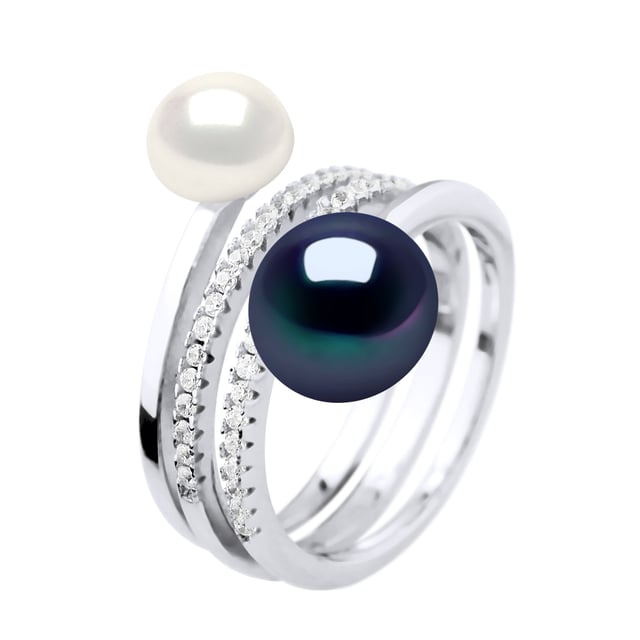 Ring DUO - 2 Real Freshwater Pearls 7-8 and 9-10 mm - Quality AAAA + - COLORI BLACK TAHITI AND NATURAL WHITE - Paving oxides of zirconium - Adjustable from Size 48 to Size 62 - 925 Thousandth rhodium - Warranty 2 years against manufacturing defects - Delivered in a presentation case with a certificate of Authenticity and an International Warranty - All our jewels are made in France.