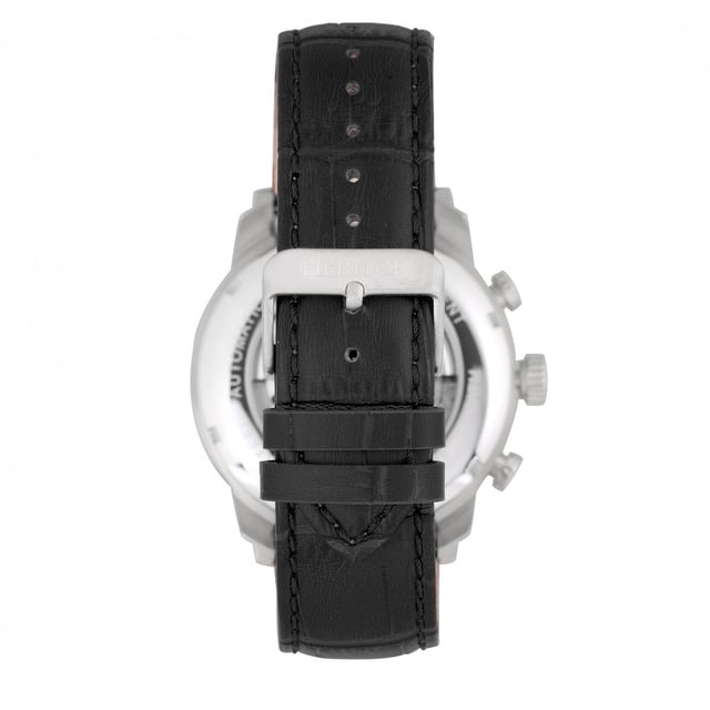 316L Surgical-Quality Stainless Steel Case; Jeweled Automatic Movement; Jewel Bearings: 20 Jewels; 42-Hour Power Reserve; Beats per Hour (BPH): 21600/Hour; Sapphire-Coated Mineral Crystal; Pattern Dial; Semi-Skeleton Dial; Observation Caseback to view Movement; Genuine Leather Crocodile-Embossed Strap; Logo-Engraved Stainless Steel Clasp; Luminous Hands; Luminous Markers; Day Sub-Dial; Date Sub-Dial; 45mm Diameter; 5 ATM Water Resistance;