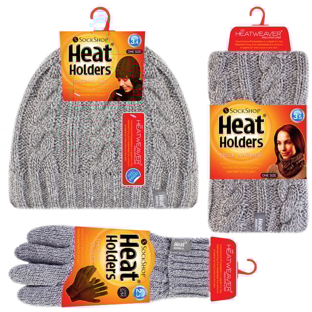 This ladies chunky cable set is knitted in an attractive, soft marl two-coloured twist yarn with a ribbed hem and incorporates the latest Heatweaver thermal lining, a luxurious, plush fur-like insulating fabric, that maximises the amount of warm air held close to the skin. It also feels so soft and silky, They are bliss to pull on when the weather turns colder! Protective Cuff - Improves fit and provides a protective sleeve that hugs the wrist for extra warmth and comfort. Heat Holders Converter Mitt - 2.3 tog Heat Holders' versatile converter mitt can simply fold over the fingers to create a warm and cosy mitten. Heat Holders Hat - 3.4 Tog rating - the tog rating is a measurement for the thermal ability of a garment Neck Warmer - Simply slip over the head with Heatweaver thermal lining, 3.5 tog