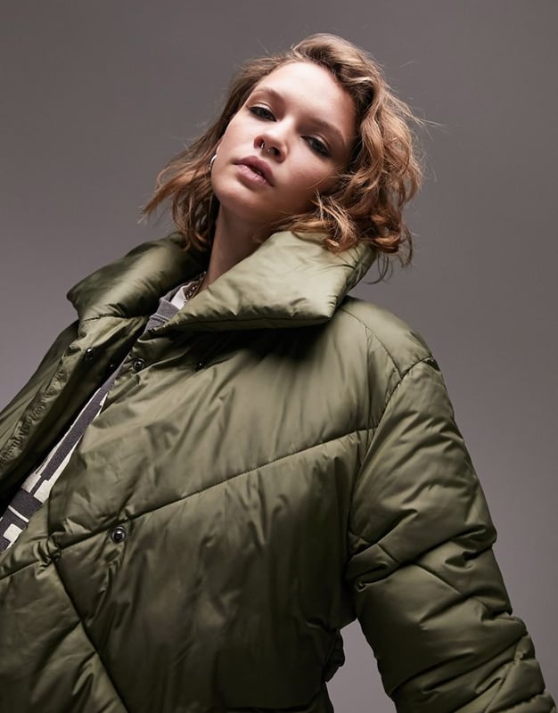 Topshop mid length tie belted puffer jacket in forest green