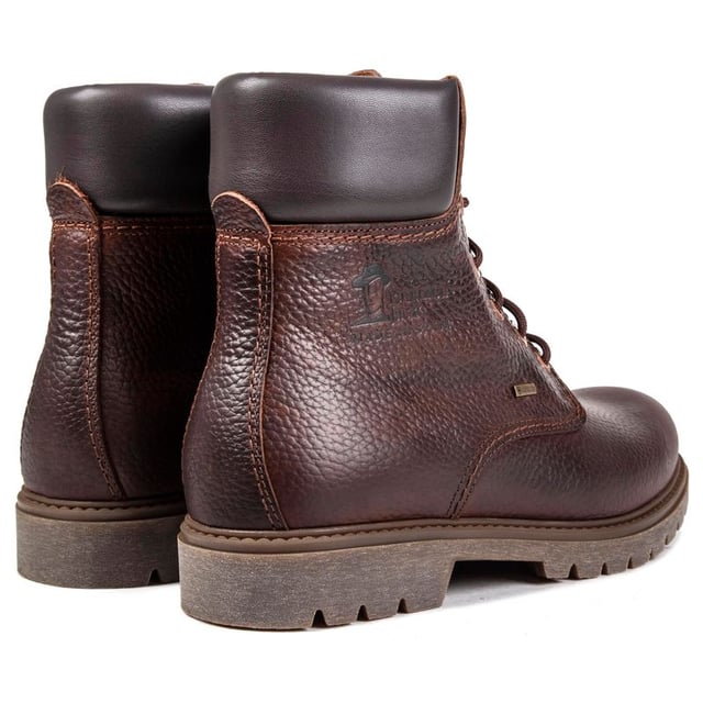 Men's Dark Brown Pamana Jack Panama Amur Gtx 10 Lace-up Ankle Boots , With A Smooth Leather Upper Featuring A Tan Suede Padded Collar, Metal Eyelets, Tonal Laces, And Embossed Branding To The Heel. These Waterproof, Spanish Made, Durable Mountain Boots Are Finished With A Soft Lining, And Light Brown Rubber Sole With Cleated Tread.