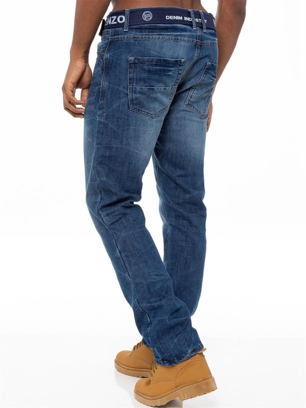 Enzo Mens Designer Straight Leg Stretch jeans. 5 pockets, Button Fly. Free Branded Belt Included. Branded Rivets and Buttons. Embossed Logo Branding on the Front, Back pocket.