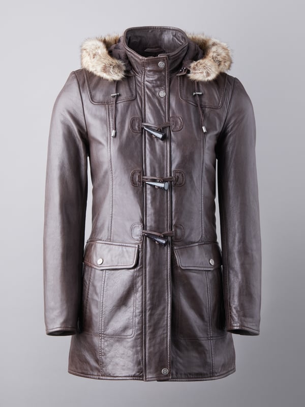 Dockray Hooded Leather Duffle Coat in Brown Our Dockray duffle coat is what's needed when the cold weather calls.An outerwear piece where supple leather meets an age old favourite style. This luxurious coat is crafted from UK sourced aniline leather for a premium feel and image. Featuring a faux fur trimmed zip out hood, centre hidden zip fastening with exposed horn toggles and multiple internal and external pockets for functionality. Designed at a slightly longer thigh length to keep you wrapped up warm this season and beyond.SizingThese measurements are based on a size 12 and will vary slightly between sizes.Approximate centre back length: 78cmApproximate sleeve length from shoulder to cuff: 63cmApproximate sleeve length from underarm to cuff: 46cmThe DetailsExclusive to LakelandStyle Name: Dockray Hooded Leather Duffle CoatColour: BrownMaterial: UK Sourced Aniline LeatherFit: True FitTwo front press stud flap over pocketsTwo slip pocketsDetachable zip-out leather hood with toggle detailFaux fur trimPress stud closure on collarBrushed metal hardwareHidden zip fastening with placket and horn toggle fasteningStitching detailShort code: WL01And on the insideOne zip pocketLakeland logo brown satin lining
