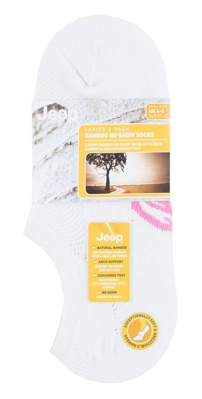 Introducing the Ladies' Jeep Bamboo No Show Socks - a triple pack of comfort, style, and functionality. Crafted from a luxurious blend of 83% Viscose from Bamboo, 14% Polyester, and 3% Elastane, these socks offer an exceptional softness and breathability. The low ankle cut ensures a near-invisible look with various shoe styles and trainers.Enjoy the benefits of arch support and non-slip heel grips, providing a secure and comfortable fit throughout the day. The socks feature standard toe seams and low, slim cuffs for a sleek appearance. With a breathable mesh upper, damp, warm air easily escapes, leaving your feet cool and fresh.These bamboo socks are not only absorbent but also draw moisture away from your skin, keeping it dry and comfortable. Bamboo's natural properties regulate temperature, making these socks ideal for any season. They are machine washable at 40° for easy care.The socks come in a pack of three, featuring plain uppers with mixed color Jeep logos woven into the soles. The soles are padded with protective, heavyweight terry loop cushioning, offering optimal comfort and impact absorption during everyday activities.Experience the versatility and convenience of the Ladies' Jeep Bamboo No Show Socks - perfect for daily wear, sports activities, or casual outings. Treat your feet to the best with these lightweight, cool, and soft bamboo socks!