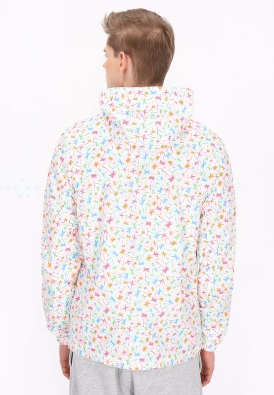 Deze jas heeft een hoge kraag voor extra nekbescherming en een volledige ritssluiting voor gemakkelijk aan- en uittrekken. Het patroonontwerp is voorzien van kleine sterren door het hele kledingstuk. Elastische manchetten en zoom zorgen voor een goede pasvorm, terwijl een zichtbare ritszak functionaliteit toevoegt aan deze stijlvolle jas.  Jas