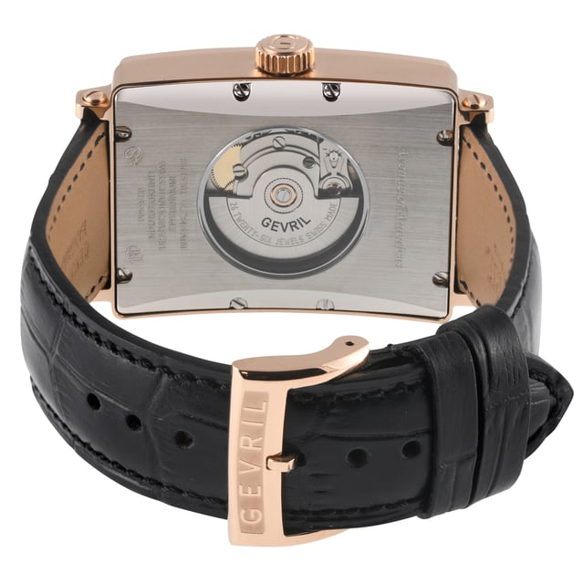Gevril 15201-2 Men's Avenue of America Swiss Automatic Watch
Gevril Men's Swiss Watch from the Avenue of Americas Collection
44mm Rectangle IPRG Case, Black Dial, Screw Down Crown
Date at 6 o'clock
Genuine Black Handmade Leather Strap with Tang Buckle
Anti-reflective Sapphire Crystal
Water Resistant to 50 Meters/5ATM
Swiss Made Automatic, Sellita SW200 Movement