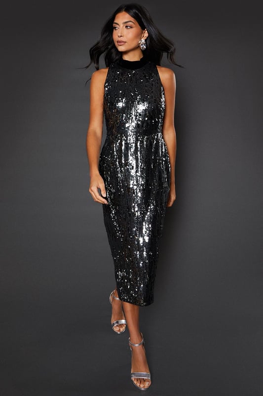 Sequin High Neck Sleeveless Midi Dress