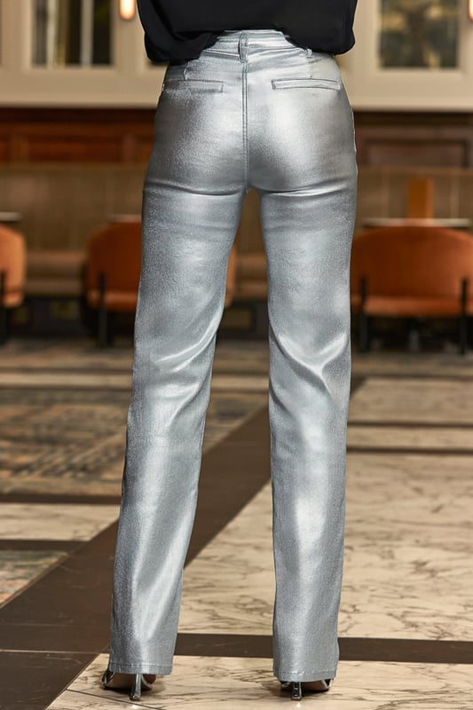 Minimum effort, maximum impact Made from soft stretch denim with a shimmering metallic finish Flattering slim wide-leg cut elongates your silhouette Designed to sit high on the waist Go all-out with an embellished top Dress them down with a chunky knit and boots Inside leg to fit: Short 29" | Regular 31" | Long 33"